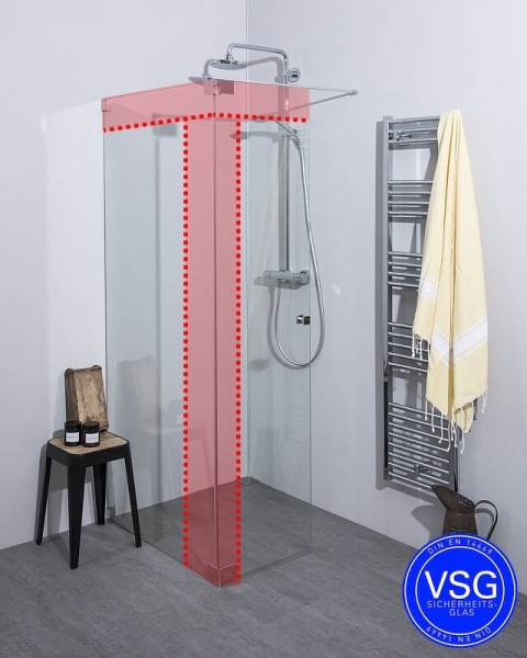 VSG Walk In Dusche: Festwand mit Klappteil über Eck, Maßanfertigung