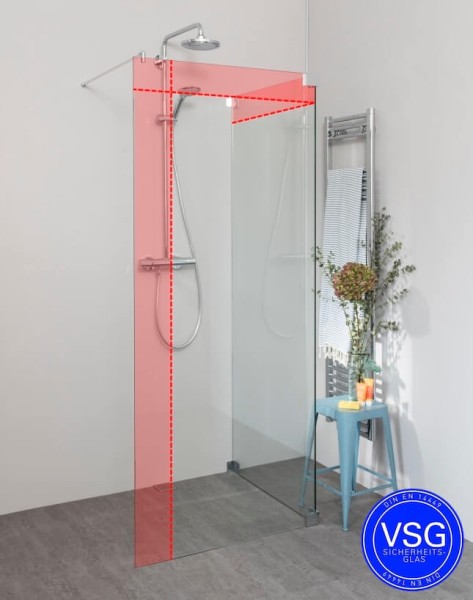 Begehbare Dusche VSG: Freistehende Duschwand über Eck, Maßanfertigung