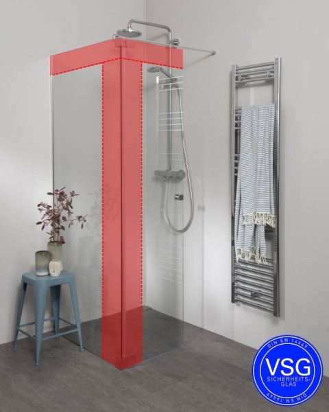 Begehbare Dusche VSG: Duschwand mit Wandprofil & Klappteil über Eck nach Maß