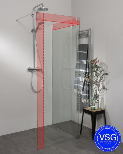Begehbare Dusche VSG: Teilgerahmte Duschwand über Eck, Maßanfertigung